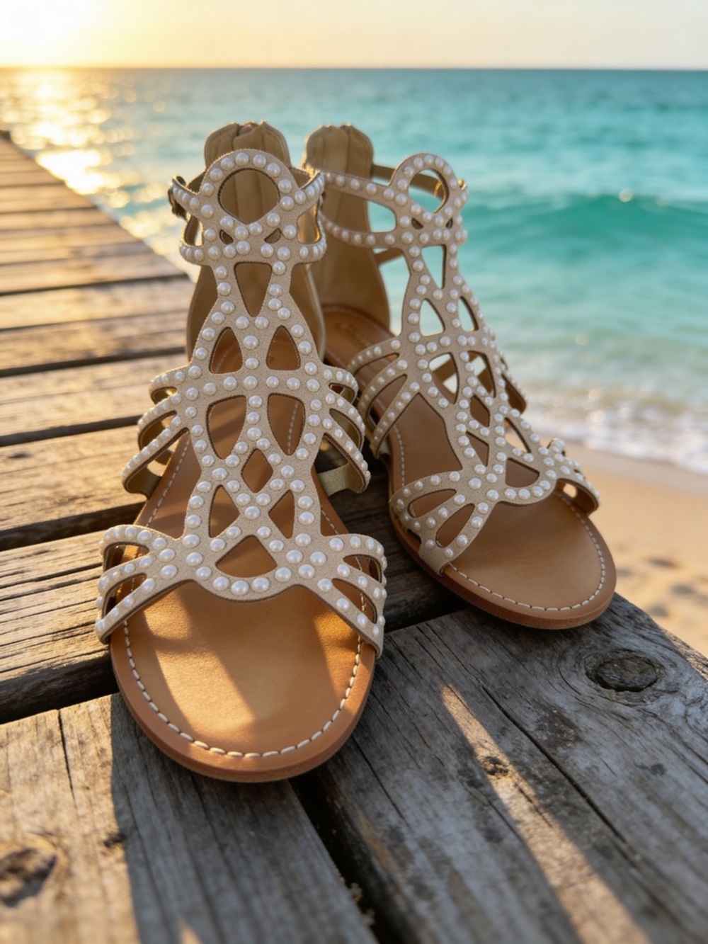 Carlos Santana Tan Pearl-Strap Gladiator Sandals
